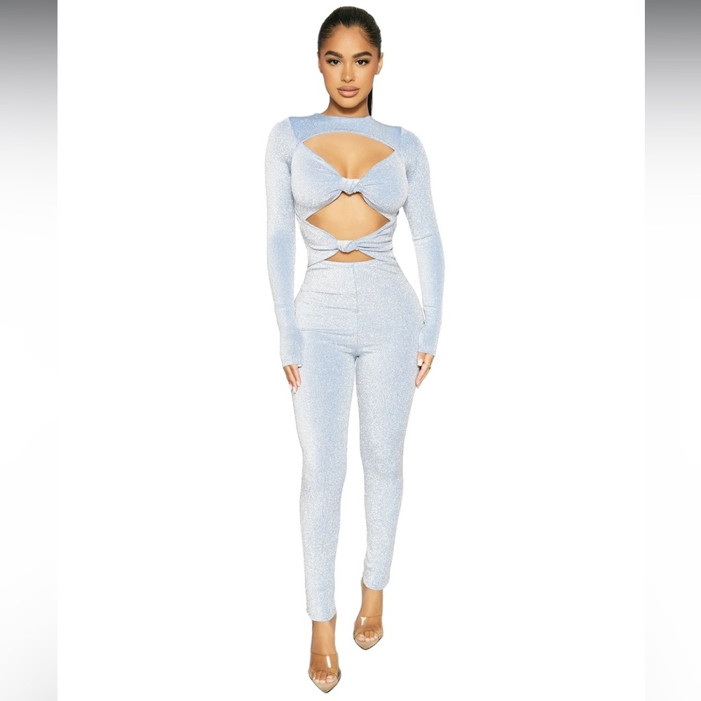 Naked wardrobe glow on sparkly blue cutout jumpsuit NEW